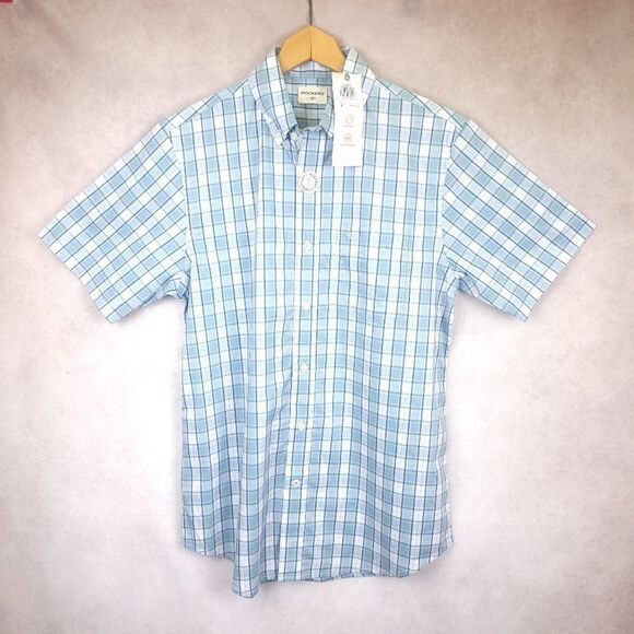 Docker's Short Sleeve Stretchy No Wrinkle Blue White Ckeck Shirt Size Small - Picture 1 of 5
